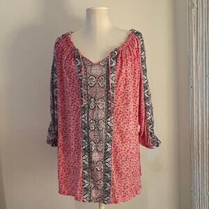 Lucky Brand Pink and Black Patterned Tunic Peasant Poet Boho Top | Size 2X